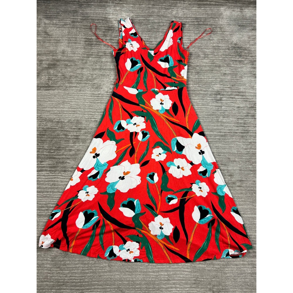 Sigrid‎ Olsen Dress Womens Small Red Floral V-Neck Sleeveless A-Line Midi Jersey